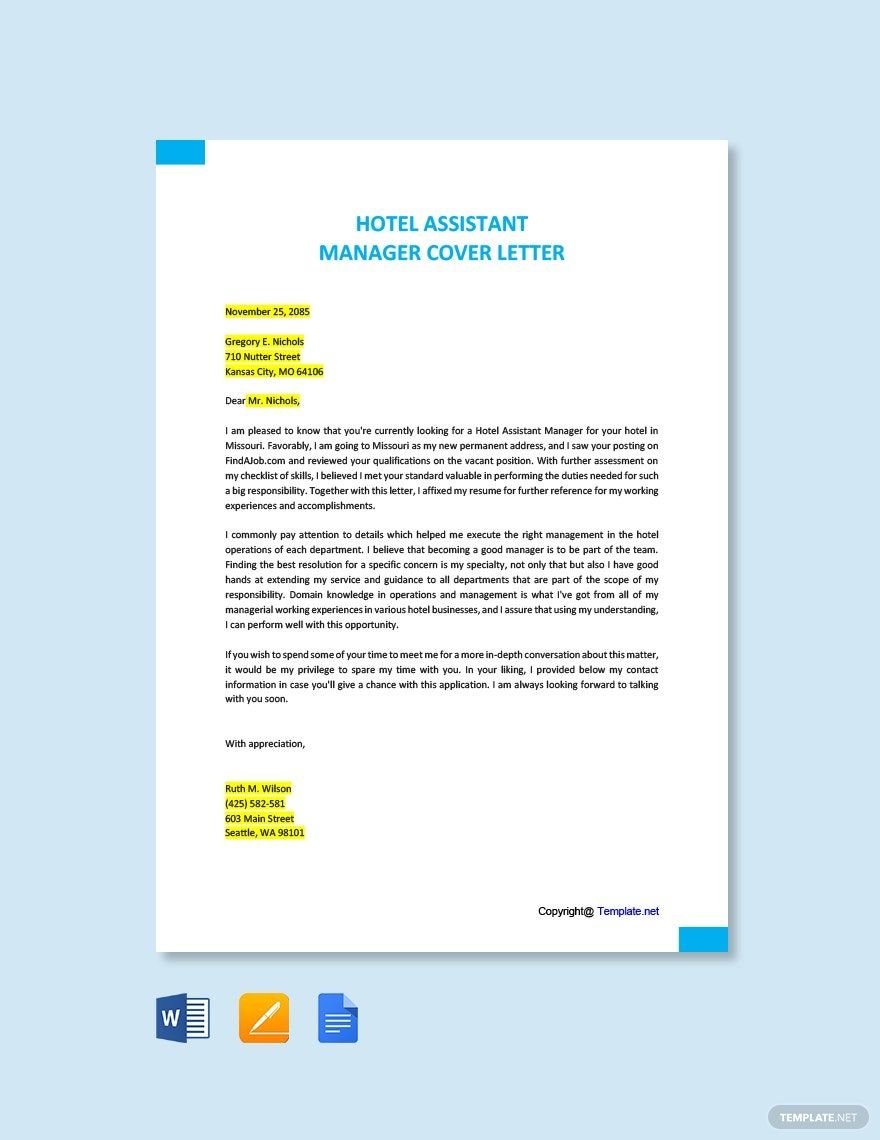 Assistant Hotel Manager Cover Letter Template