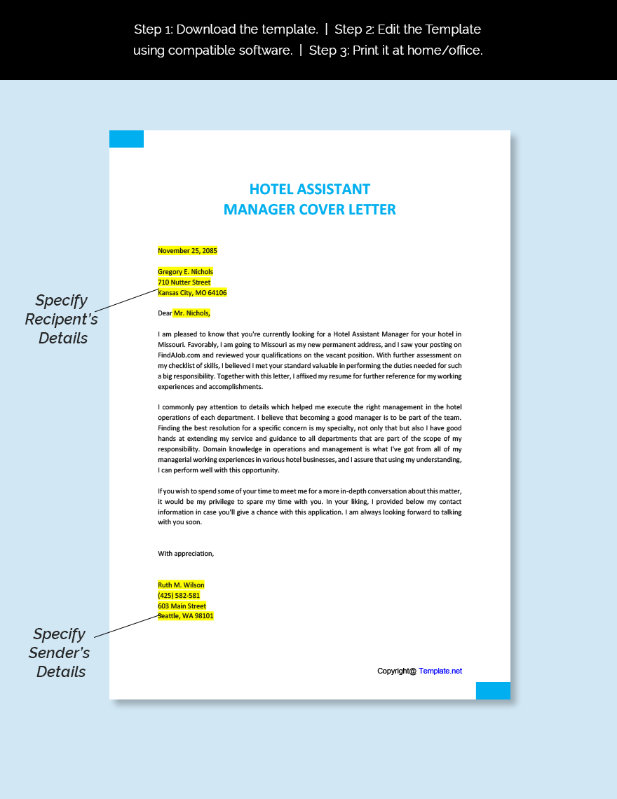 Assistant Hotel Manager Cover Letter Template