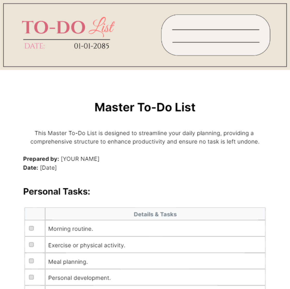 Master To Do List Template