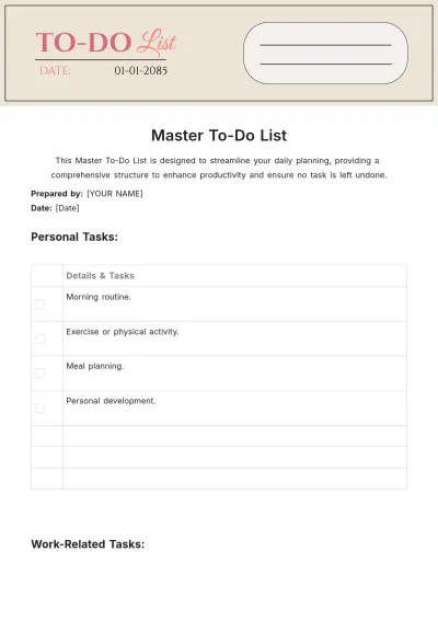 Free Master To Do List Template to Edit Online