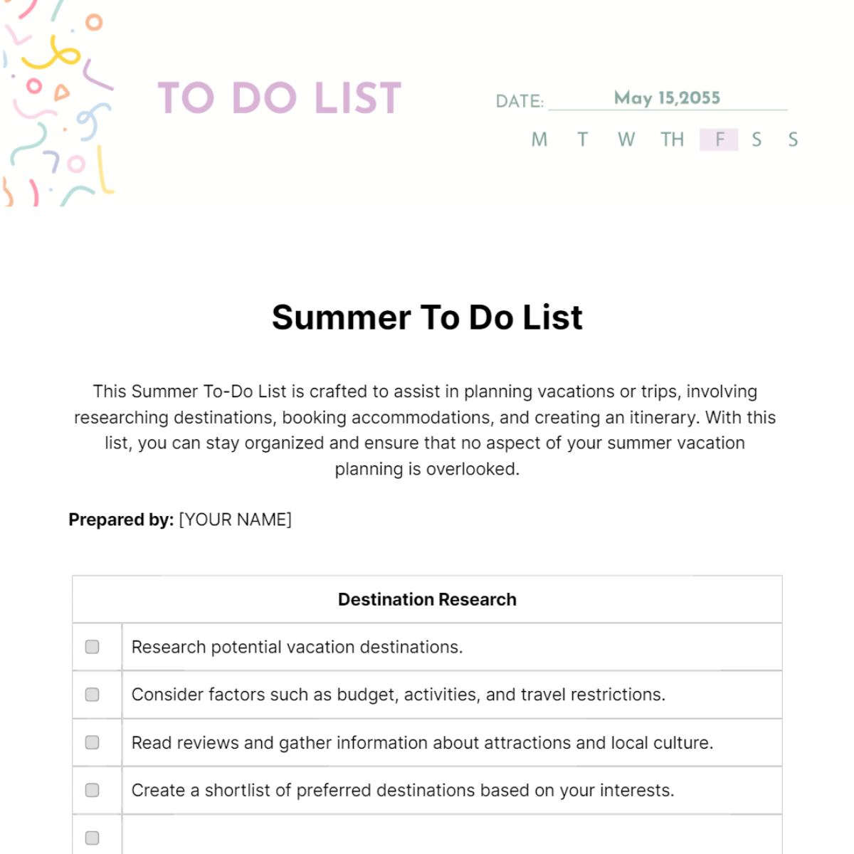 Summer To Do List Template