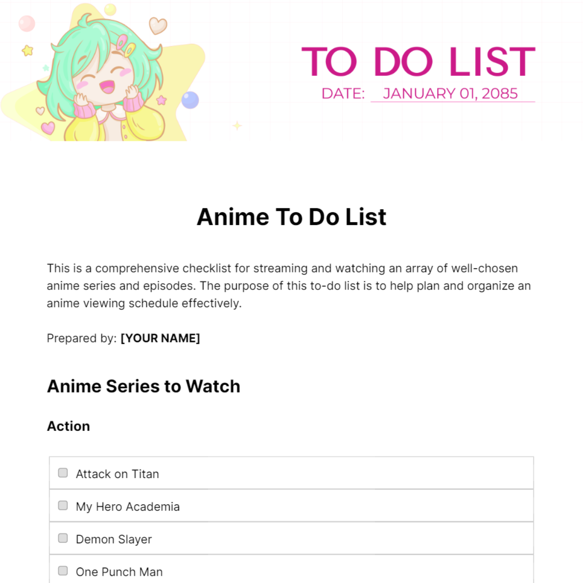 Anime To Do List Template