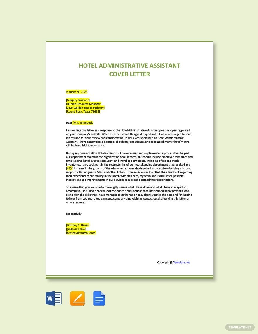 Hotel Administrative Assistant Cover Letter Template