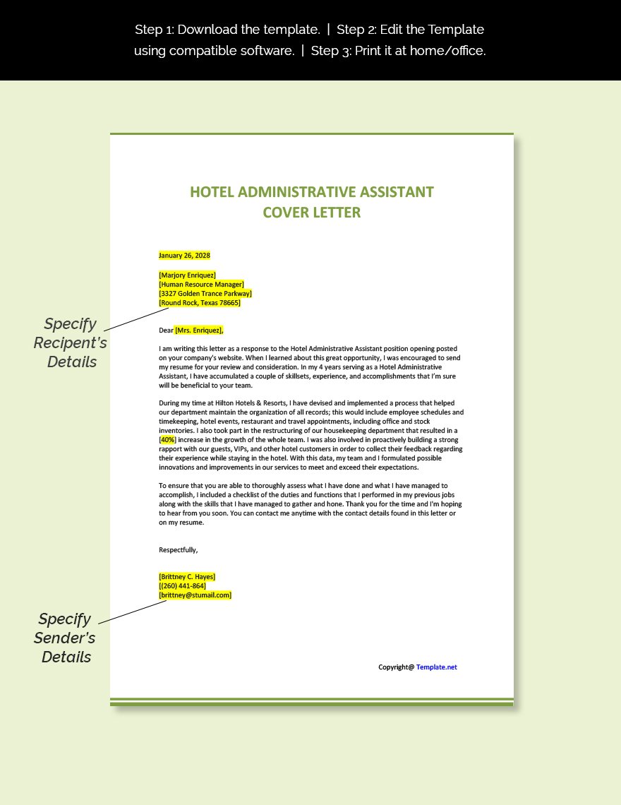 Hotel Administrative Assistant Cover Letter Template