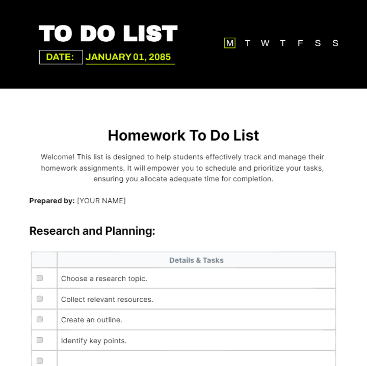 Homework To Do List Template