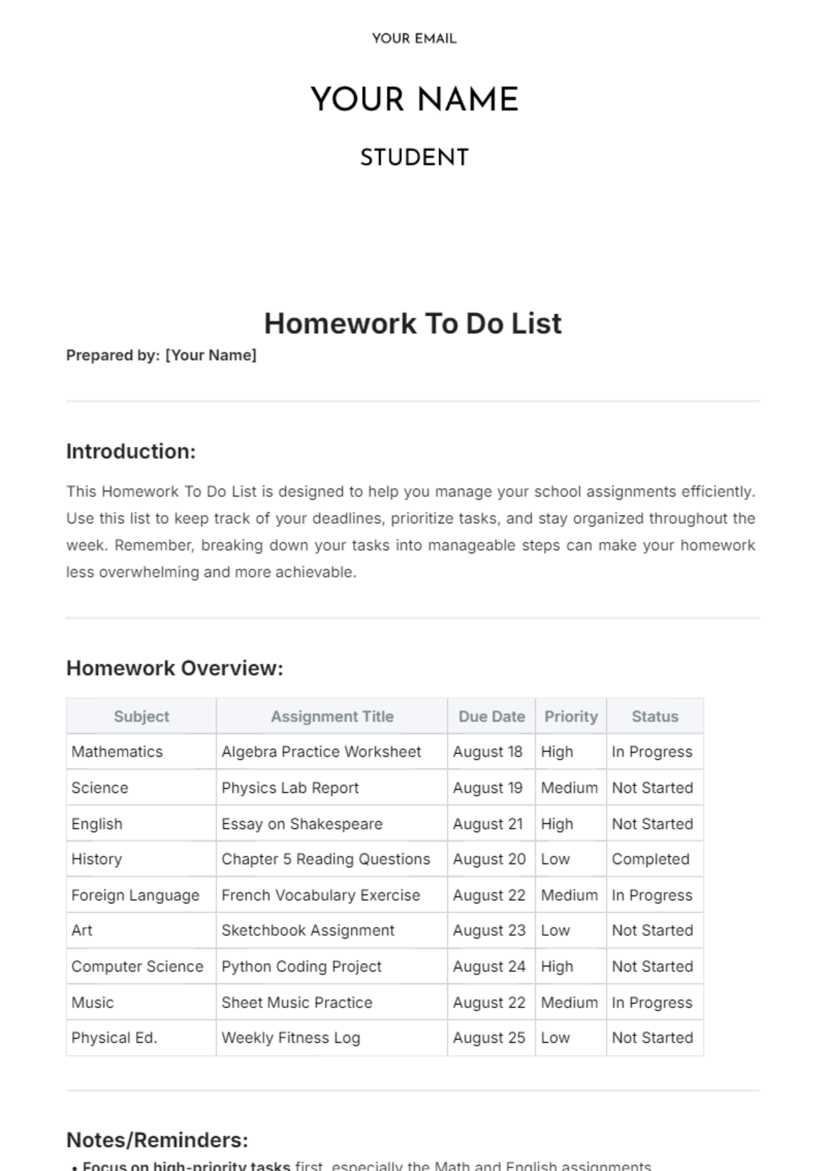 Homework To Do List Template