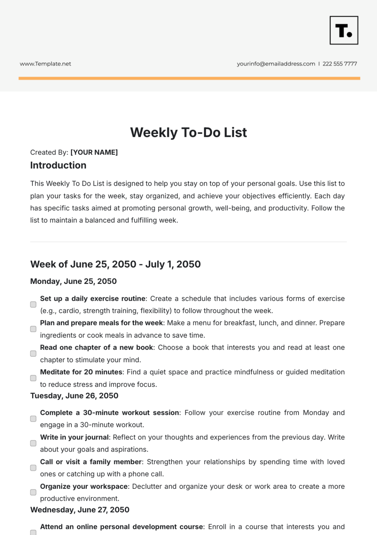 Weekly To-Do List Template - Edit Online & Download