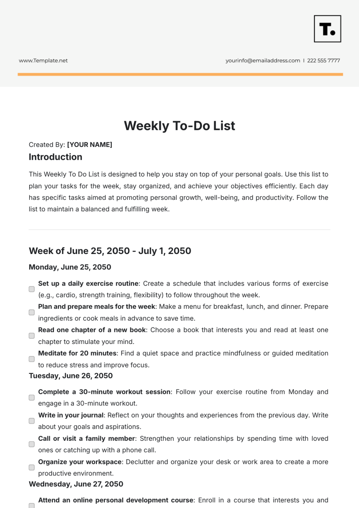 Free Weekly To Do List Template To Edit Online