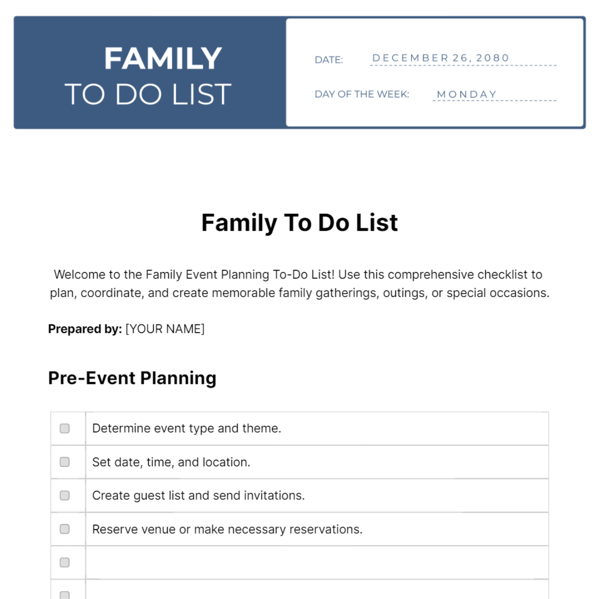Family To Do List Template