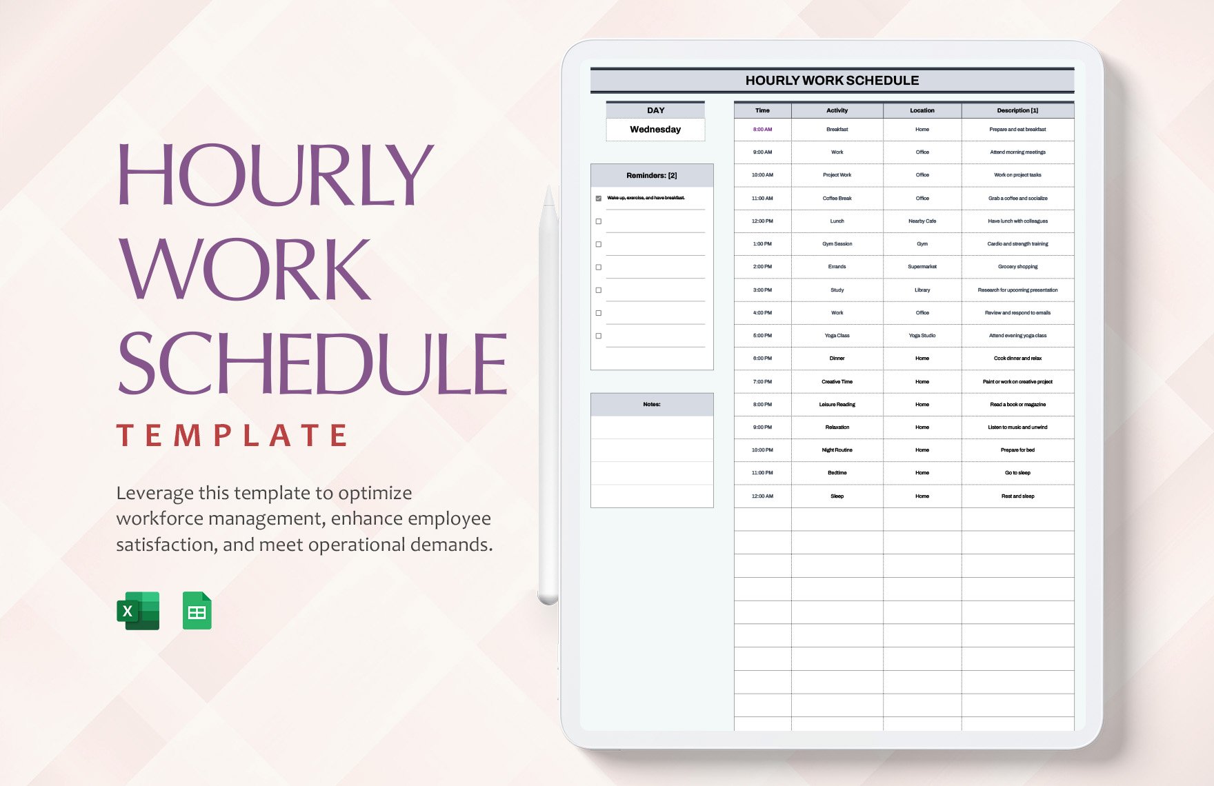 Hourly Work Schedule Template in Excel, Google Sheets