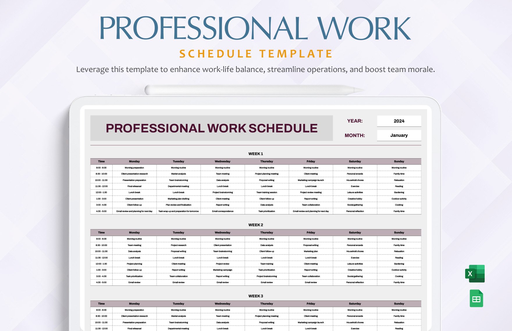 Professional Work Schedule Template in Excel, Google Sheets