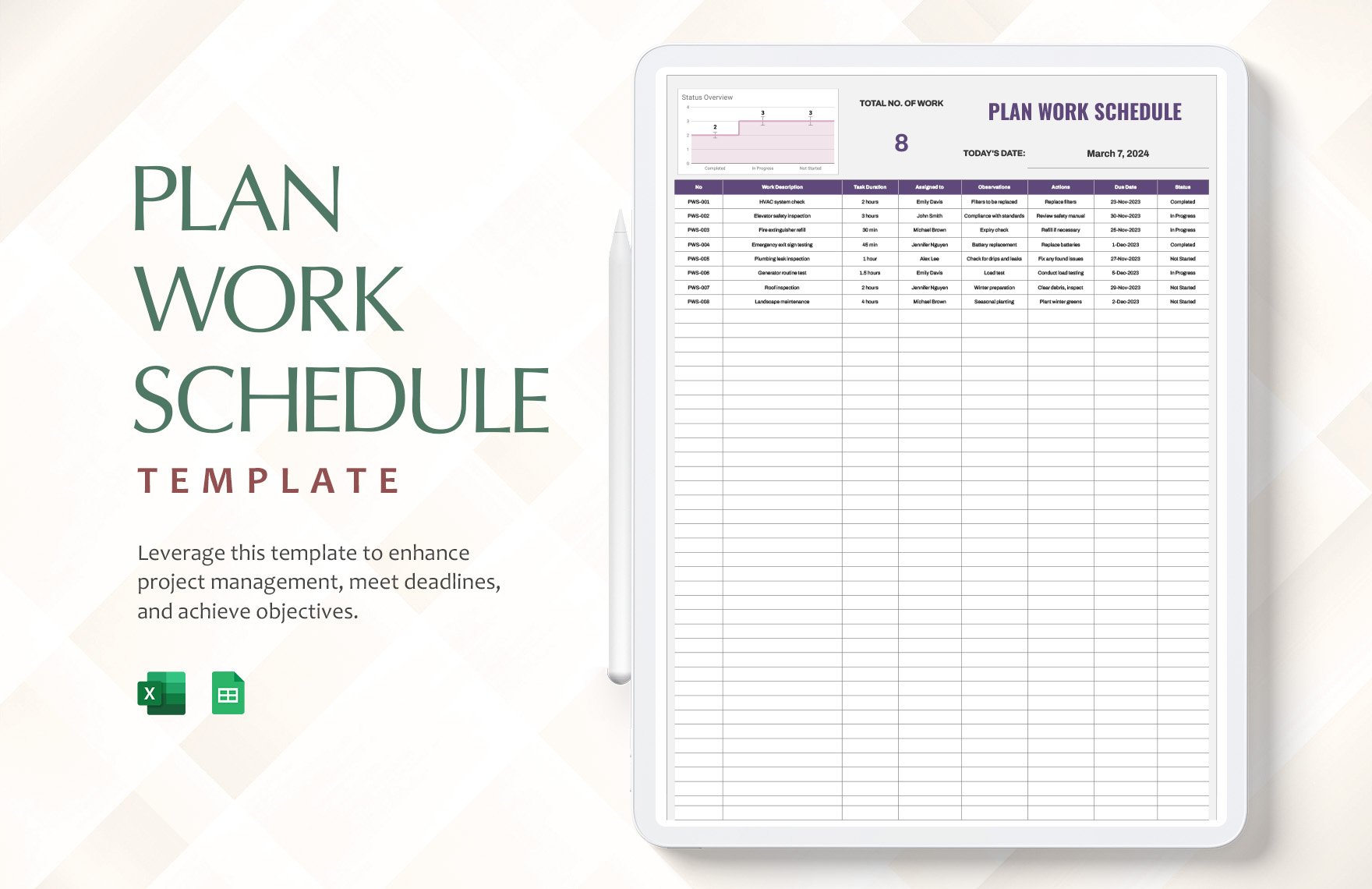 Plan Work Schedule Template in Excel, Google Sheets