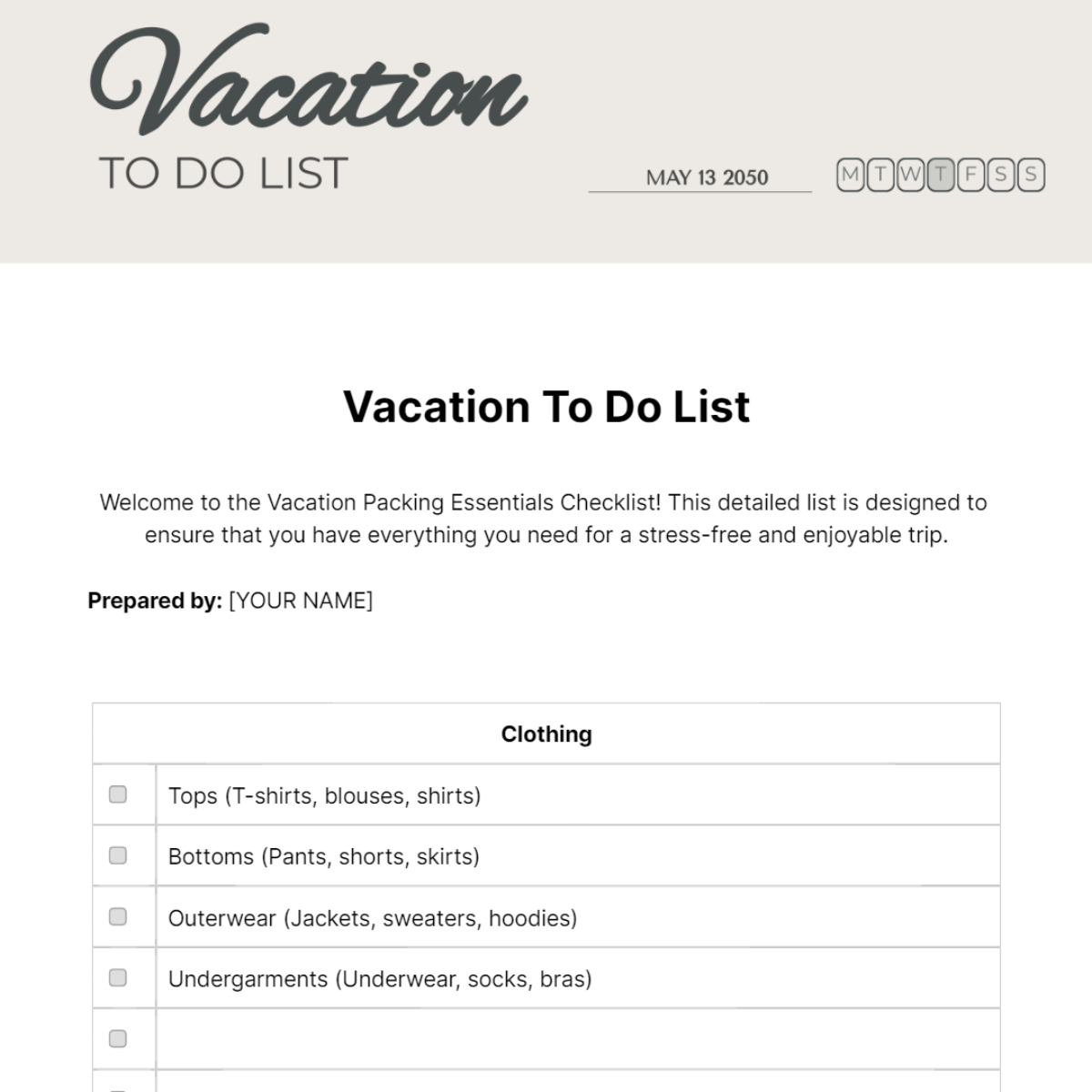 Free Vacation To Do List Template