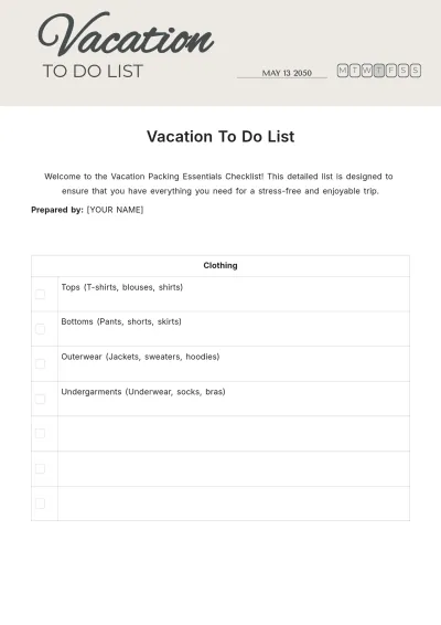 Free Vacation To Do List Template to Edit Online