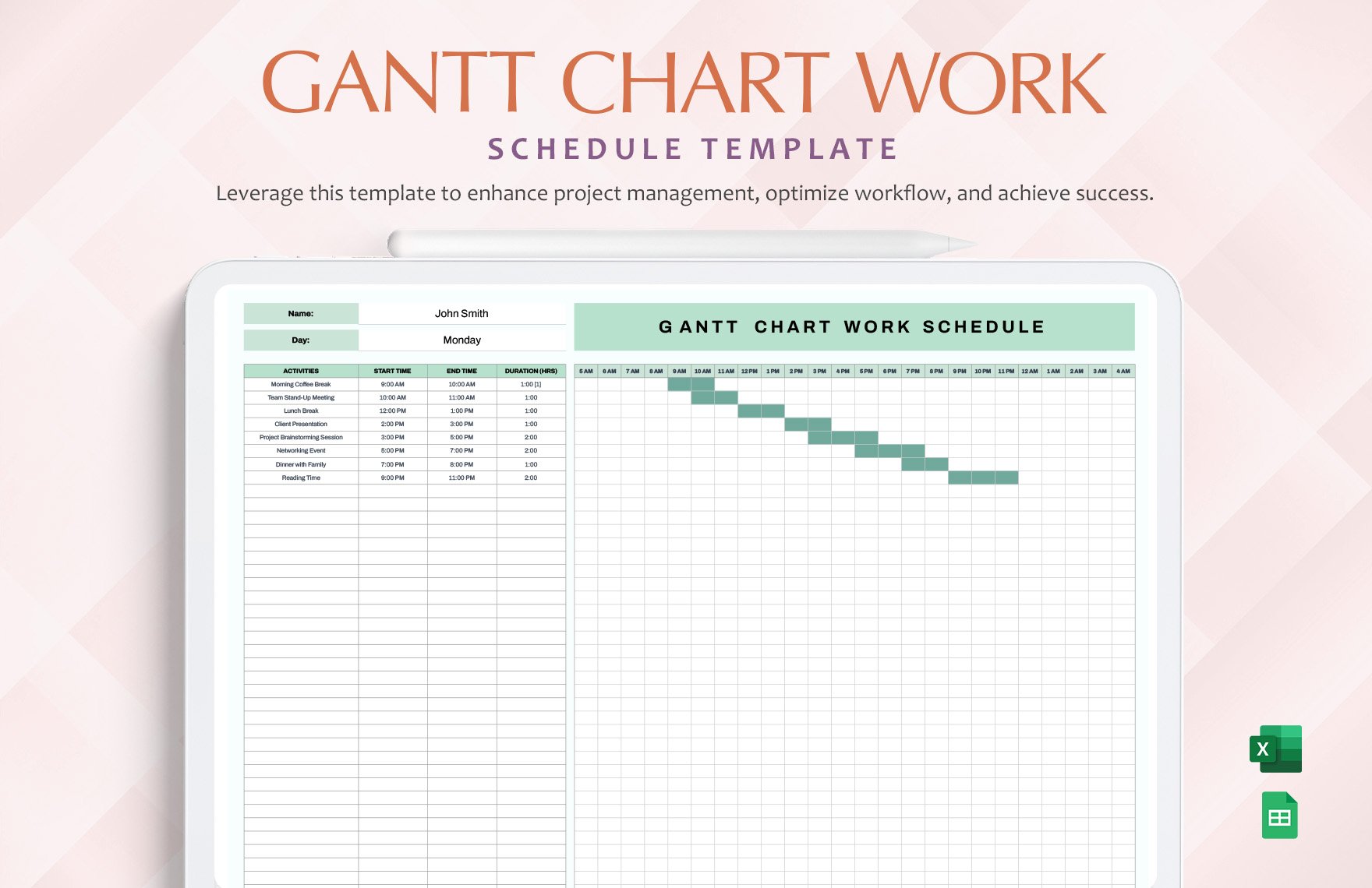 Gantt Chart Work Schedule Template in Excel, Google Sheets