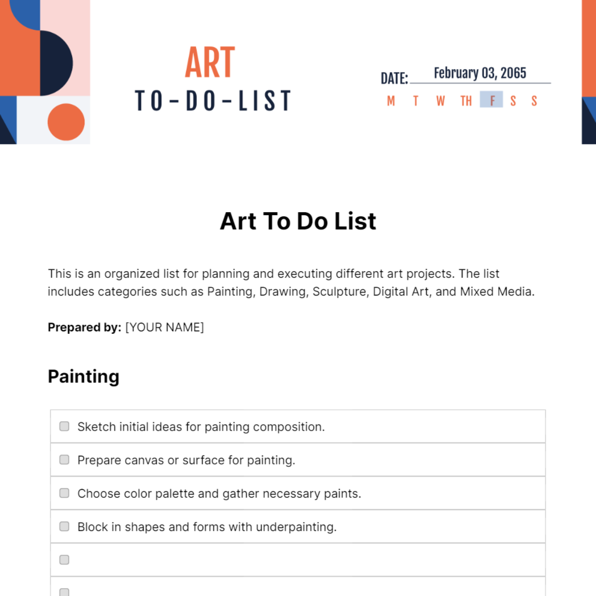 Free Art To Do List Template
