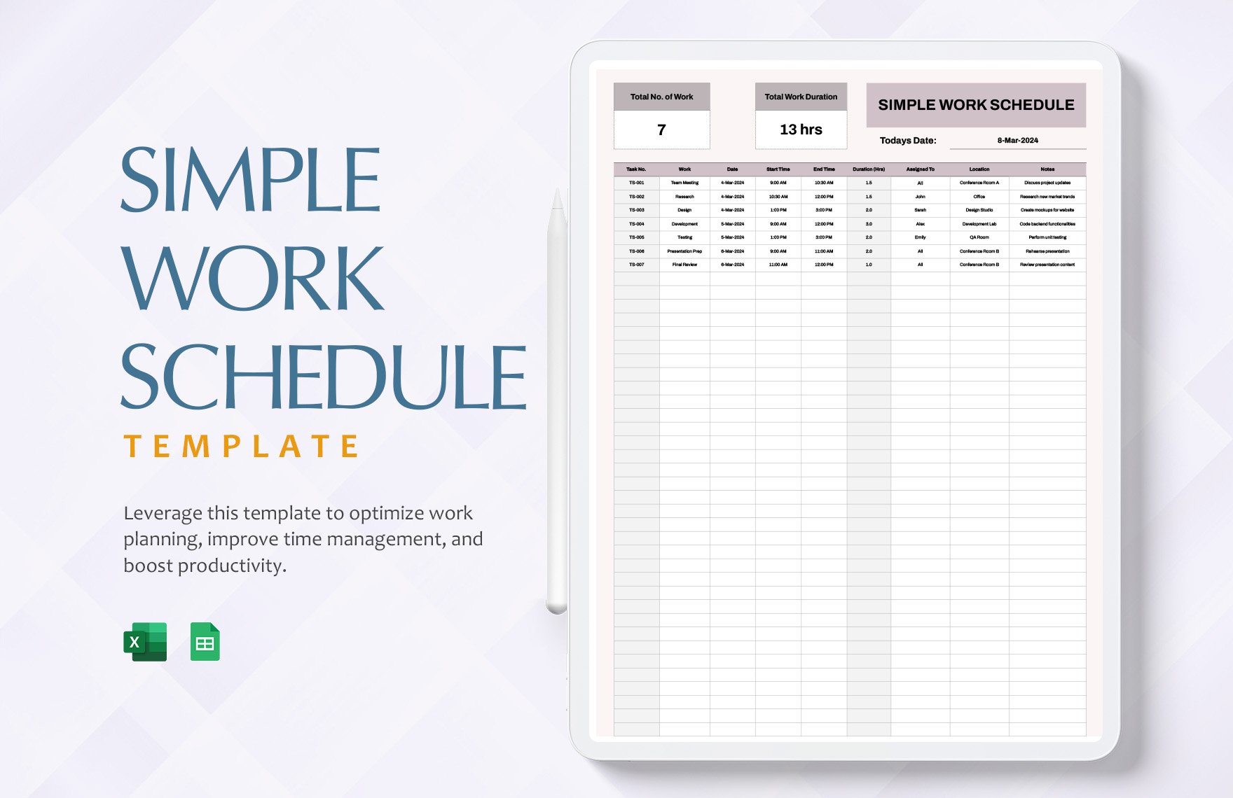 Simple Work Schedule Template in Excel, Google Sheets