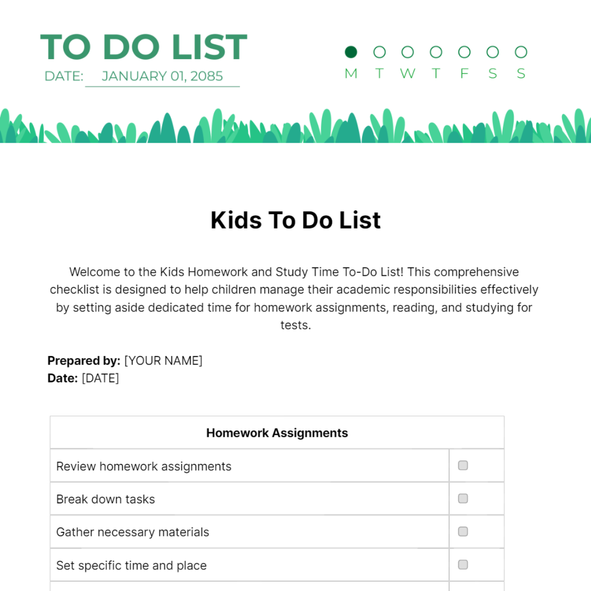 Kids To Do List Template
