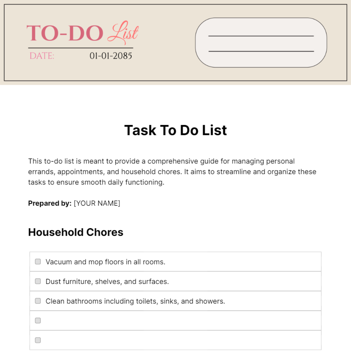 Free Task To Do List Template 