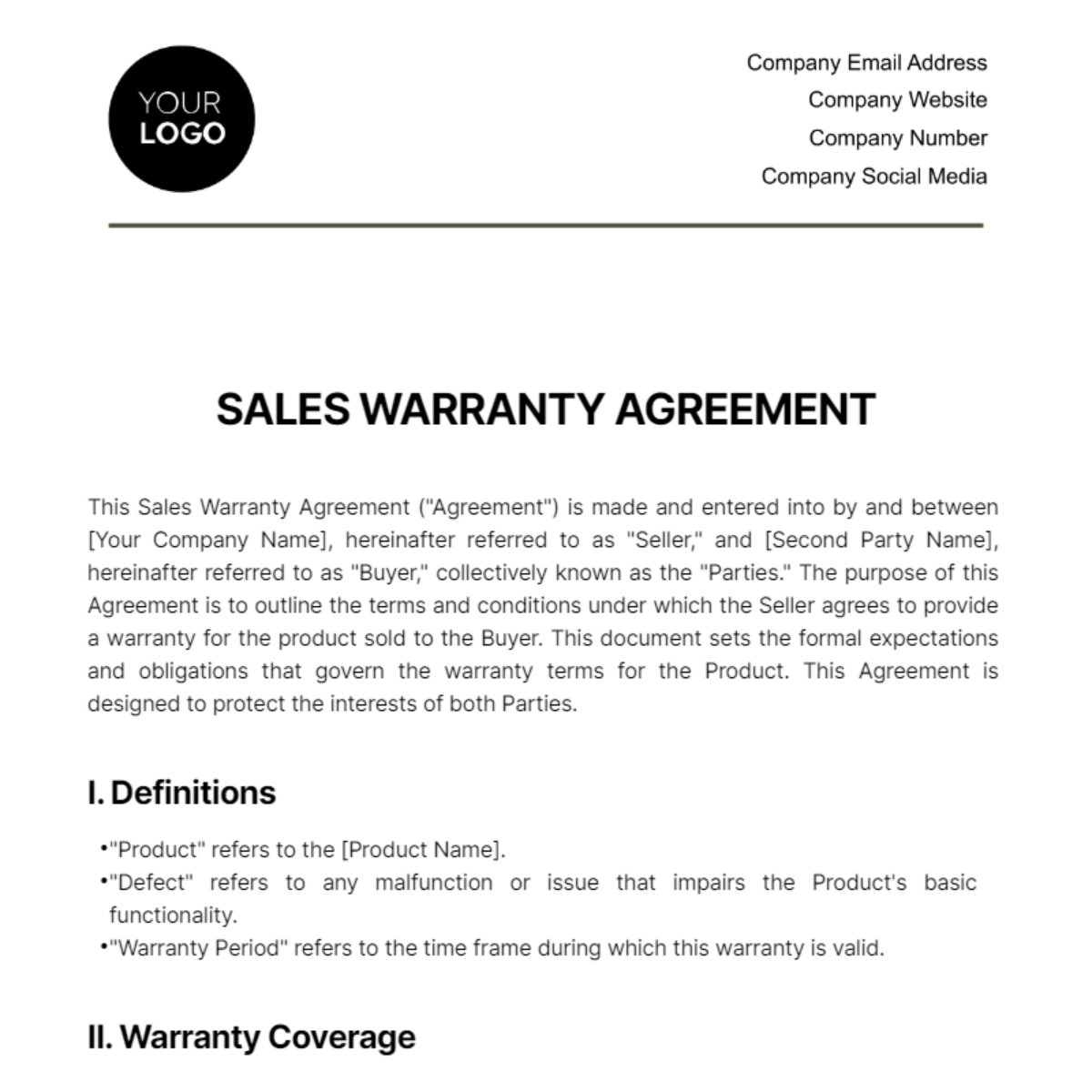 Sales Warranty Agreement Template