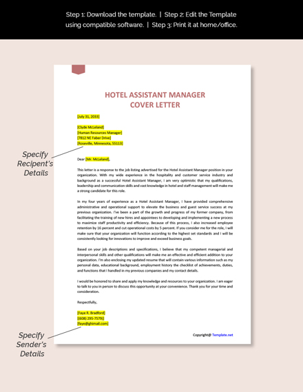 Hotel Assistant Manager Cover Letter Template