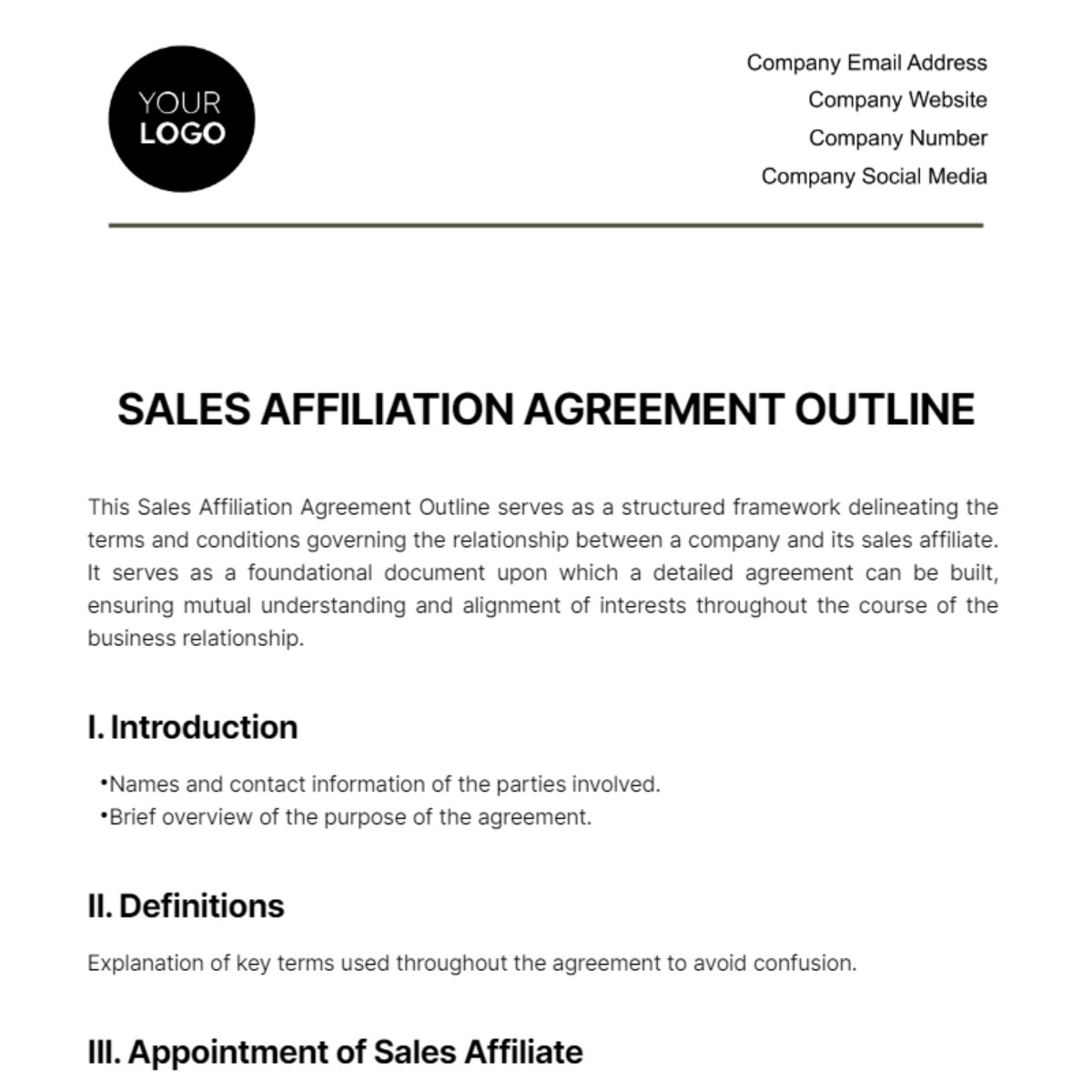 Free Sales Affiliation Agreement Outline Template