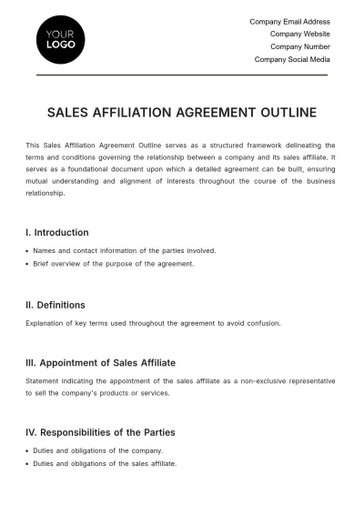 Free Sales Affiliation Agreement Outline Template to Edit Online