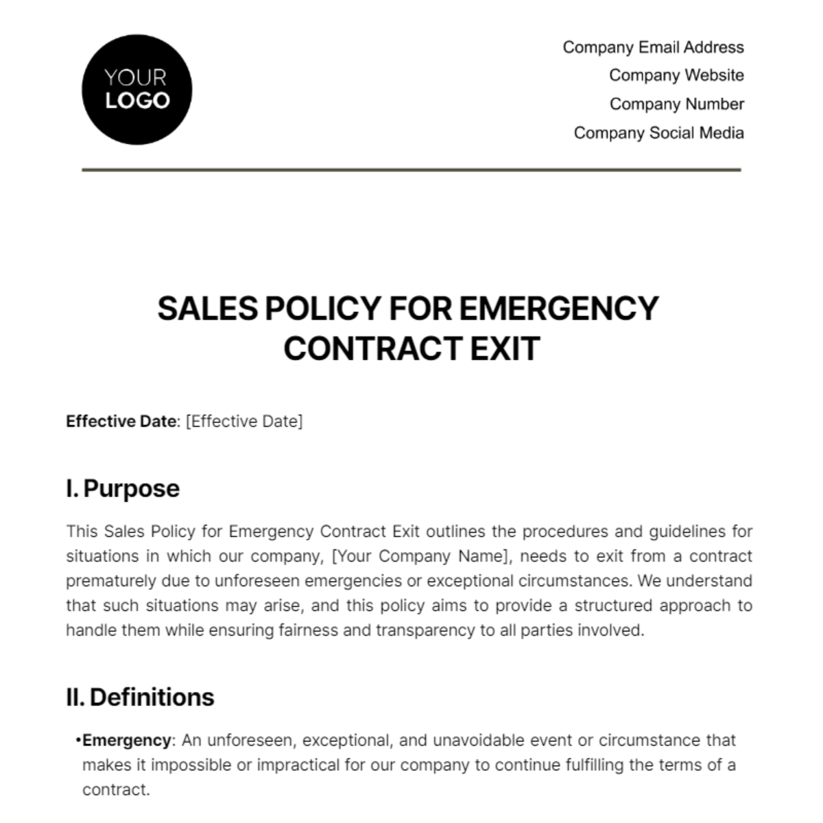 Sales Policy for Emergency Contract Exit Template