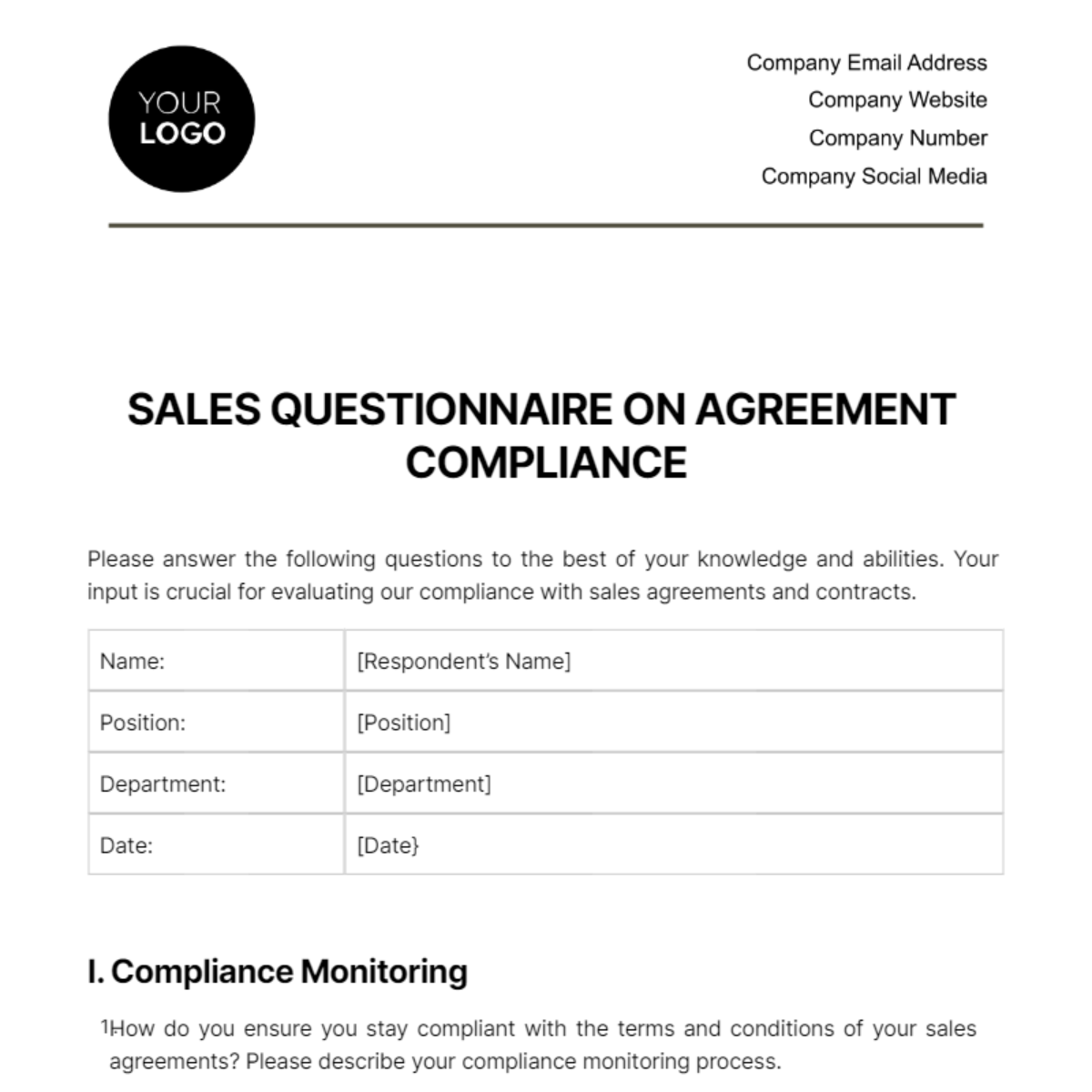 Free Sales Questionnaire on Agreement Compliance Template