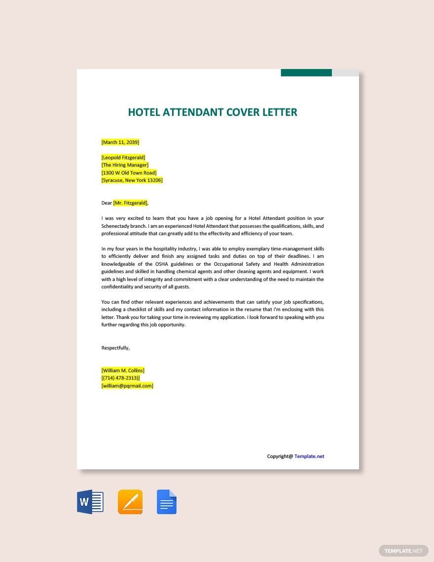 Hotel Attendant Cover Letter Template