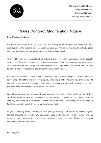 Free Sales Contract Modification Notice Template to Edit Online