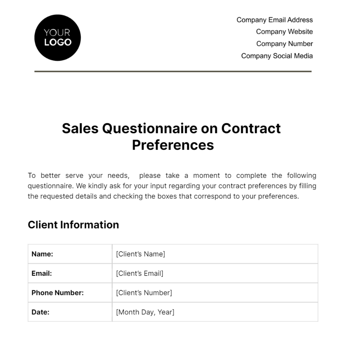 Free Sales Questionnaire on Contract Preferences Template