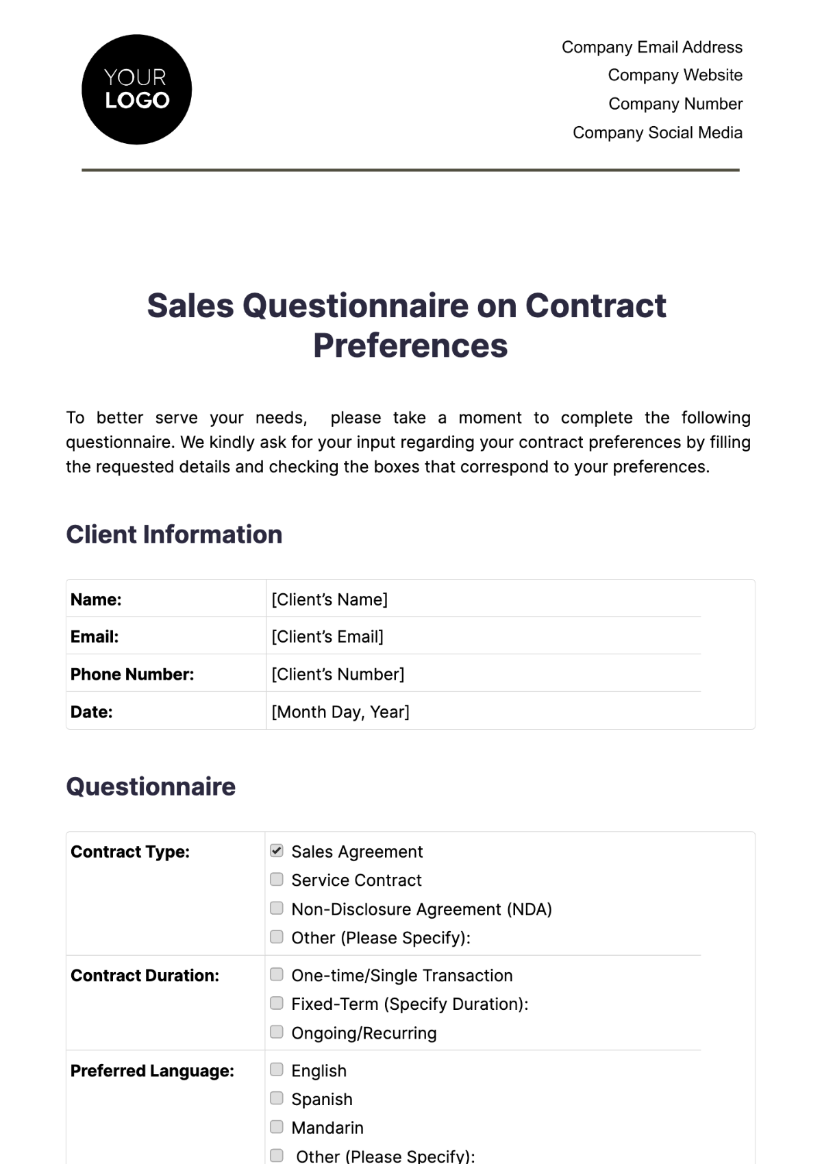 Sales Questionnaire on Contract Preferences Template - Edit Online & Download