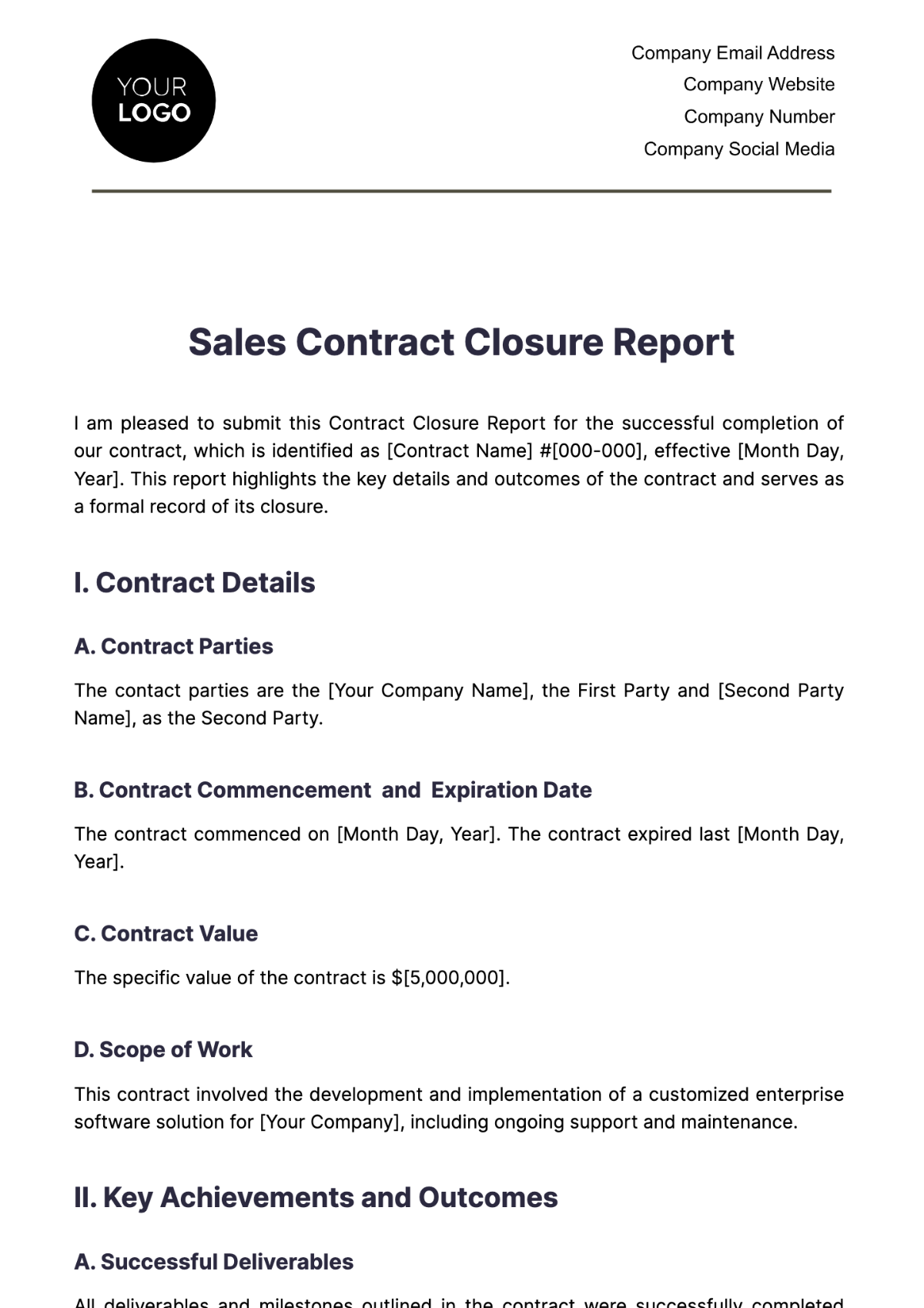 Free Sales Contract Closure Report Template - Edit Online & Download ...