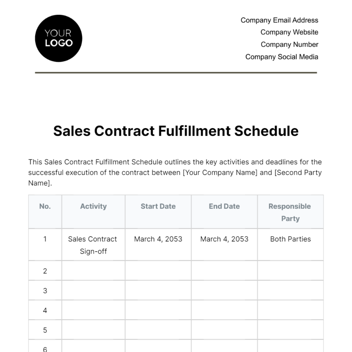Sales Contract Fulfillment Schedule Template