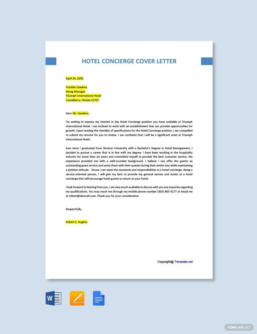 Hotel Concierge Cover Letter Template in Word, Google Docs, PDF, Apple Pages