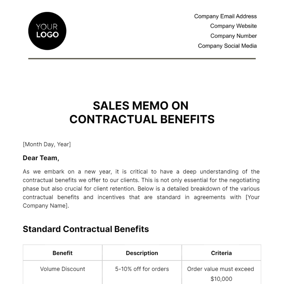Sales Memo on Contractual Benefits Template