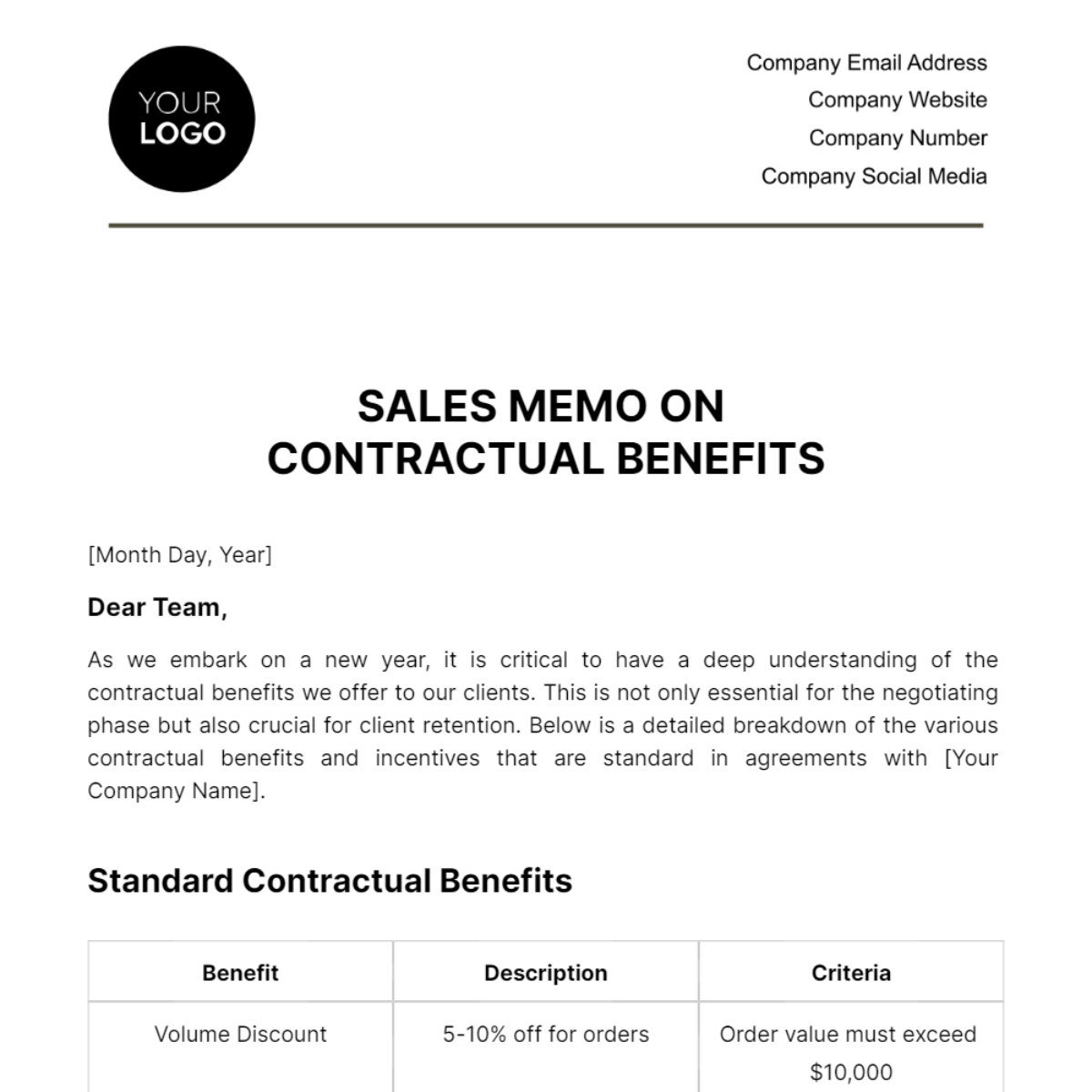 Free Sales Memo On Contractual Benefits Template Edit Online