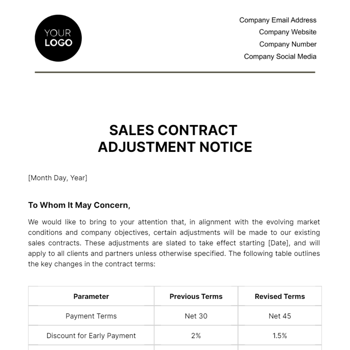 Sales Contract Adjustment Notice Template