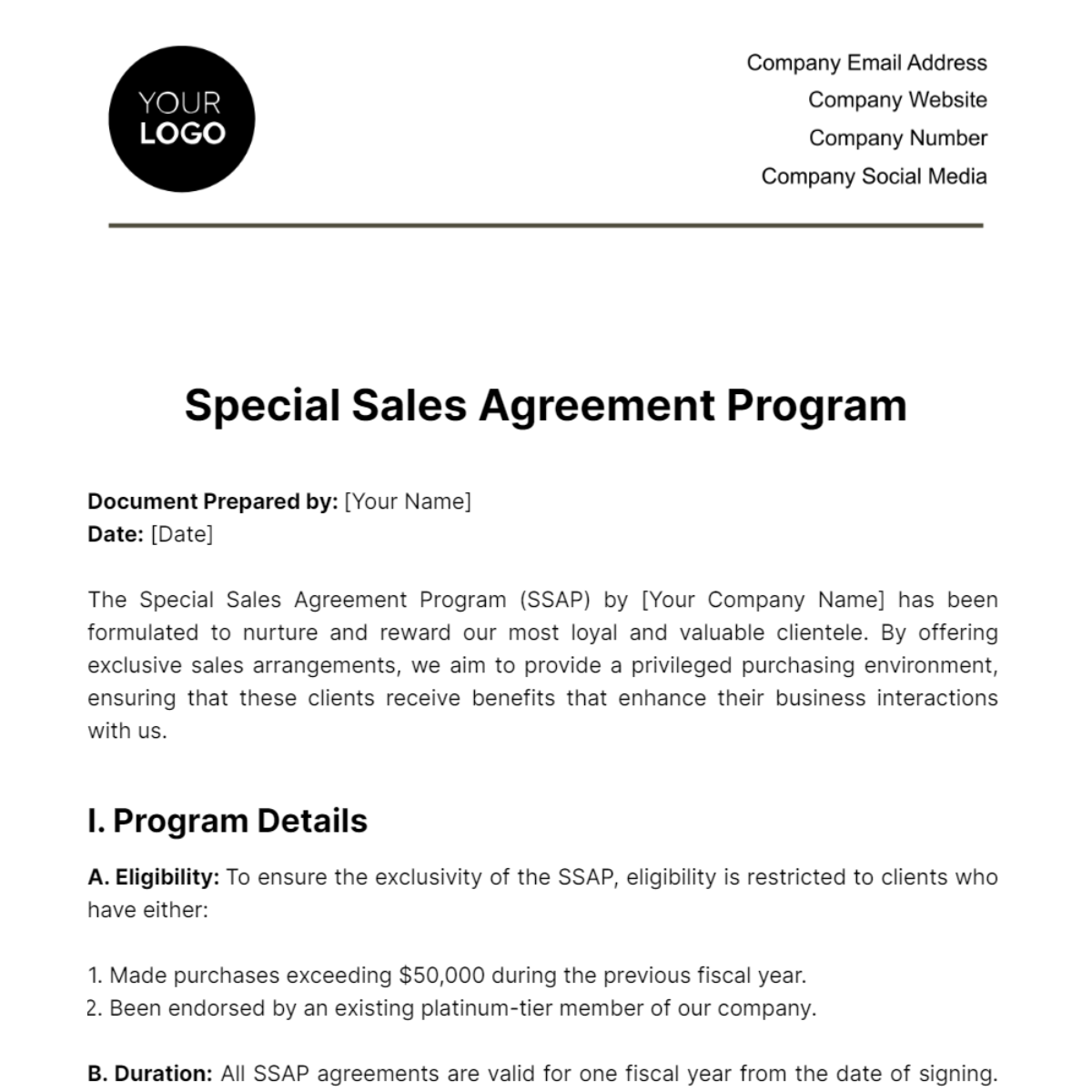 Special Sales Agreement Program Template