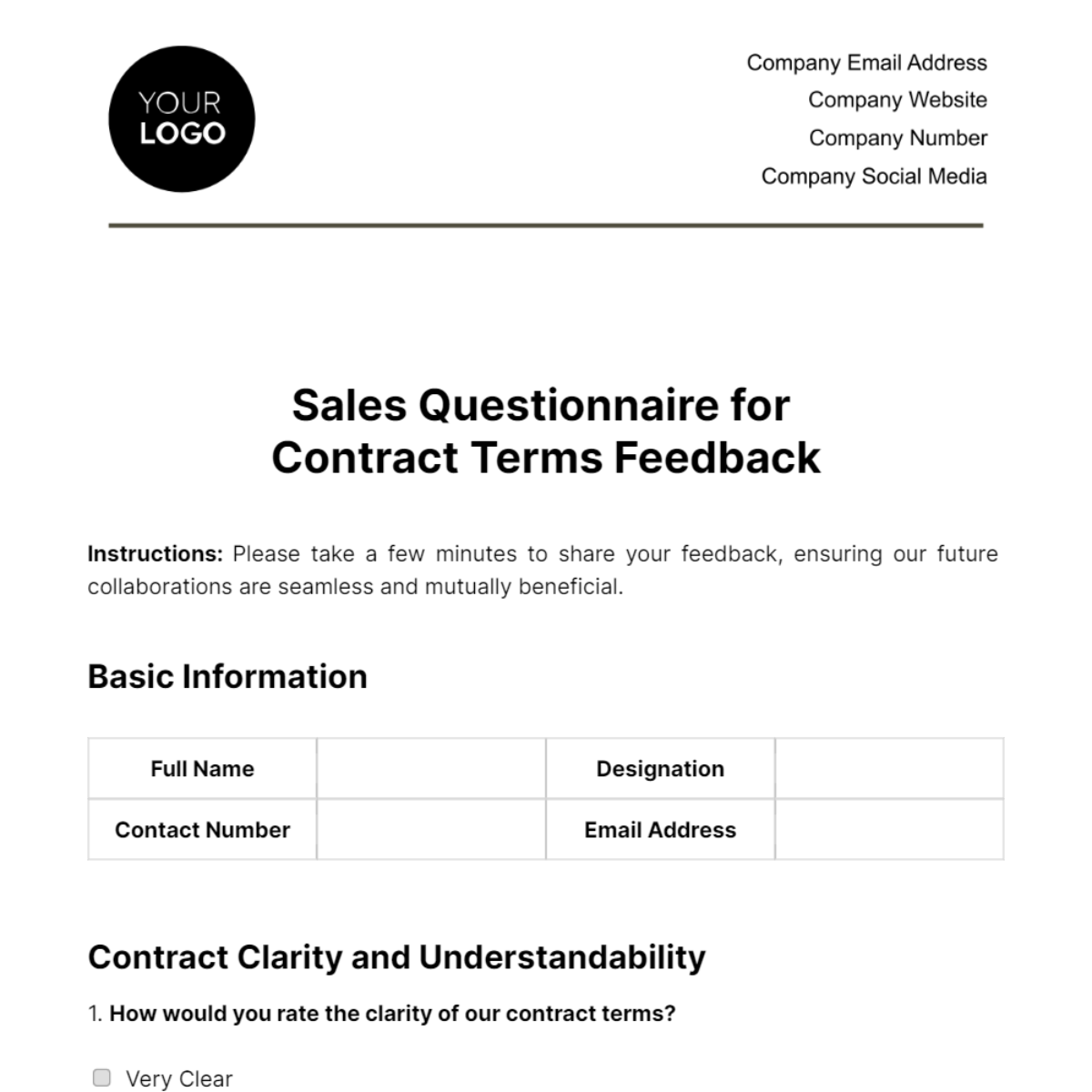 Sales Questionnaire for Contract Terms Feedback Template