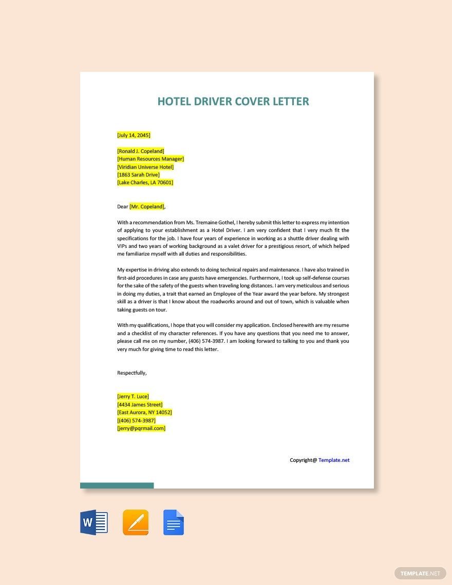 Hotel Driver Cover Letter Template
