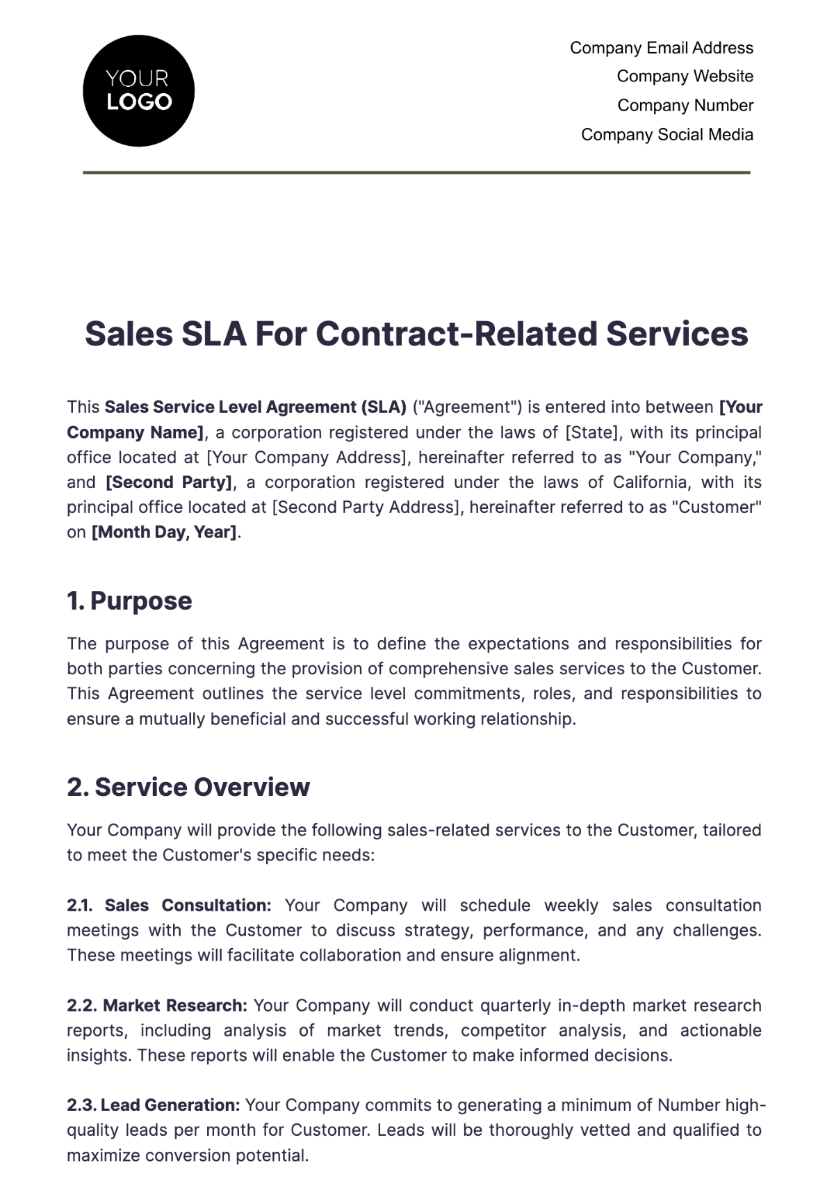 Sales SLA for Contract-Related Services Template - Edit Online & Download