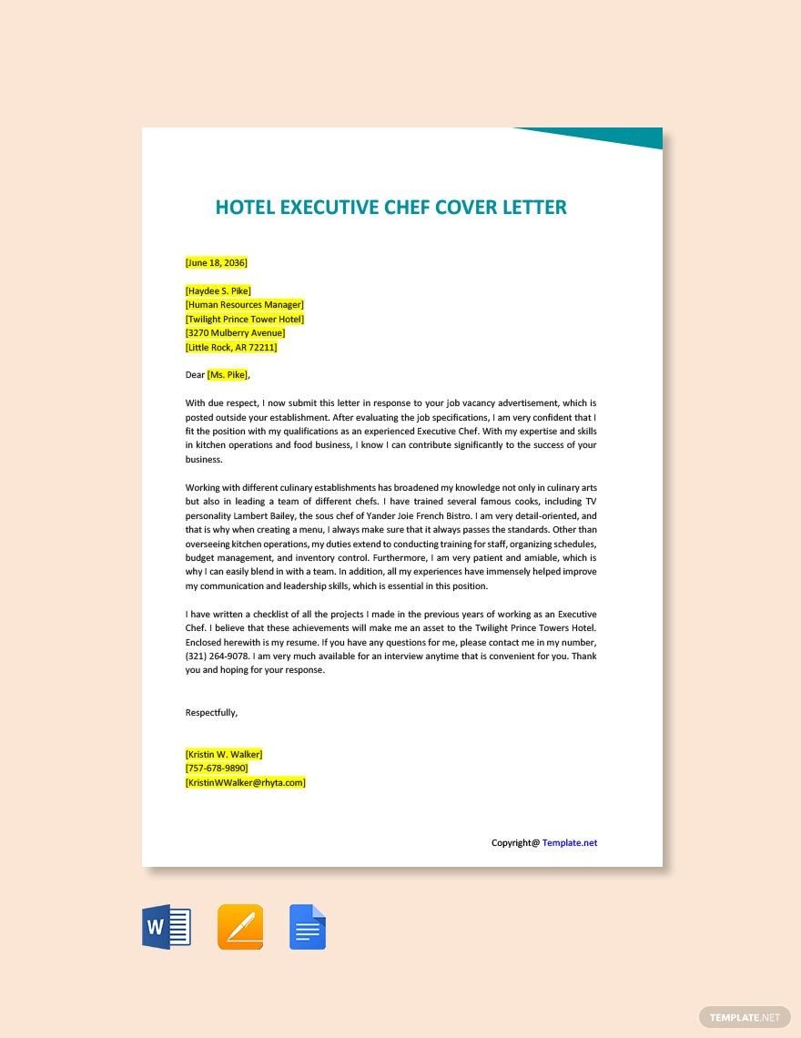Hotel Executive Chef Cover Letter Template