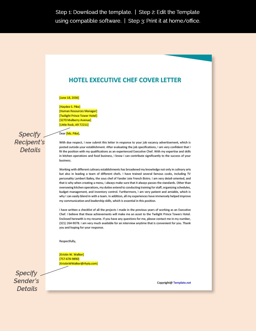 Hotel Executive Chef Cover Letter Template