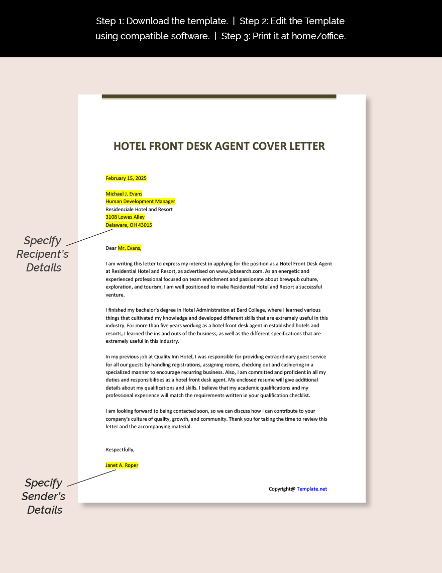Hotel Front Desk Agent Cover Letter Template