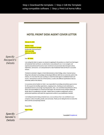 Free Hotel Front Desk Agent Cover Letter Word Apple Pages