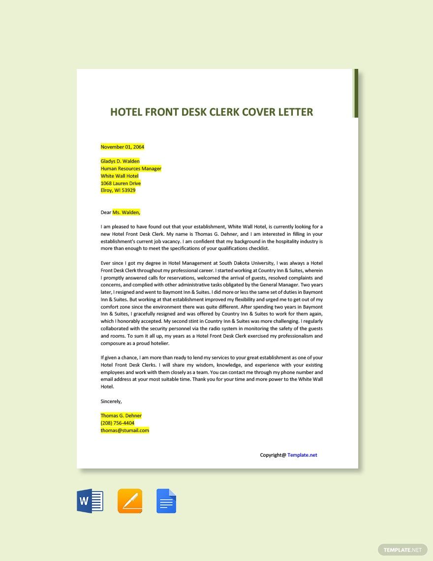 Free Hotel Front Desk Clerk Cover Letter Template in Word, Google Docs, PDF, Apple Pages