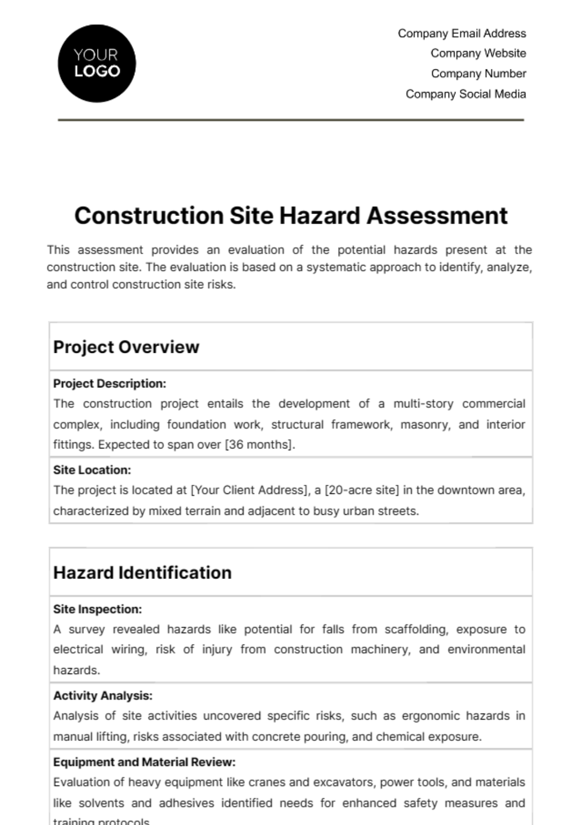 Free Construction Site Hazard Assessment Template