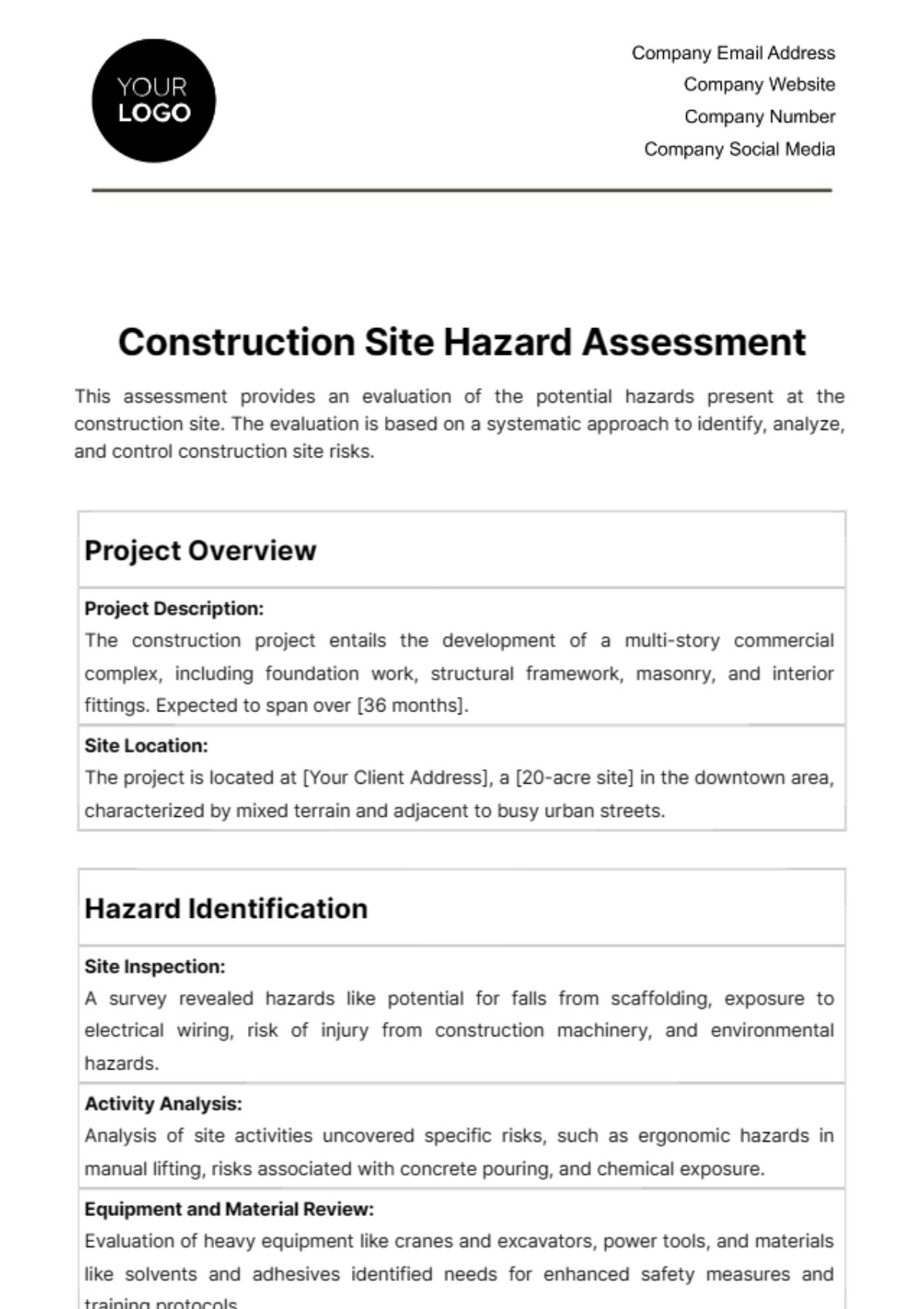 Construction Site Hazard Assessment Template